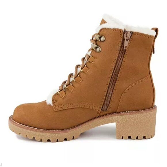 SUGAR QUIZZER Women's Block Heel Shearling Combat Boot Cognac Size 11 - Picture 3 of 8